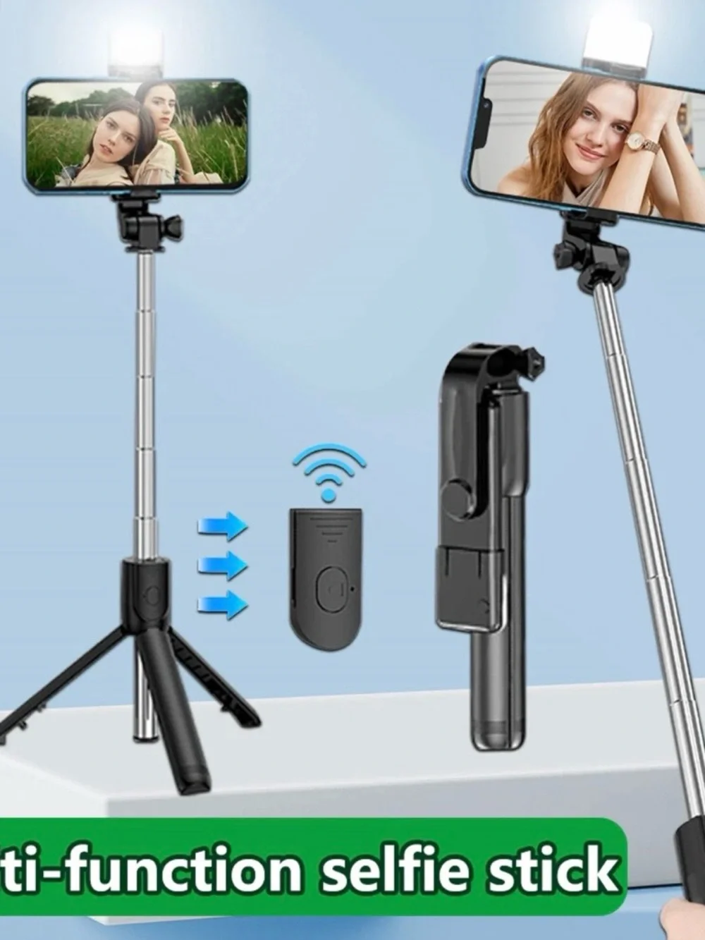 Adjustable Tripod Selfie Stick with Remote and LED Light - Black